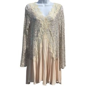 Jodifl Women's Lace Gauze Dress Bell Sleeve See Through Lace Gauze Bottom Size S